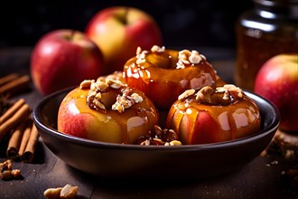 Warm baked apples stuffed with cinnamon nuts and honey cascading with spiced maple syrup, AI