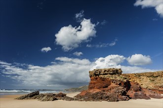 Algarve beach, wide, red rock, rocky coast, nobody, clear, blue sky, cloud, summer holiday, beach