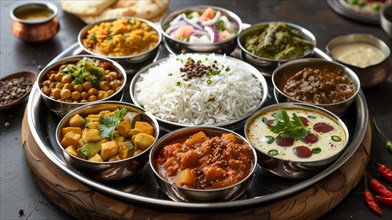 A vegetarian Indian thali with chickpeas, spinach, lentils, and rice, full of rich flavors, ai