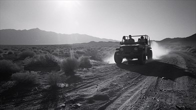 A jeep kicks up dust while driving on a desert trail in an arid landscape, AI generated