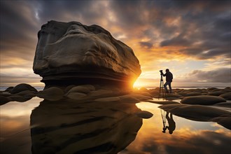 Silhouette of a photographer with a tripod on a rocky beach during an atmospheric sunset, AI