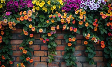 A rich tapestry of colorful petunias blankets a brick wall in an urban garden display AI generated