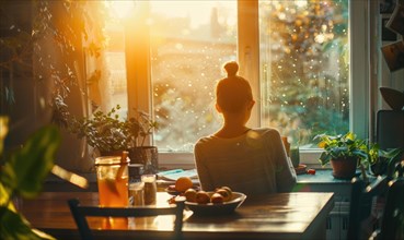 Silhouette of a woman sitting by a sunny window with plants, reflecting a sense of peace AI