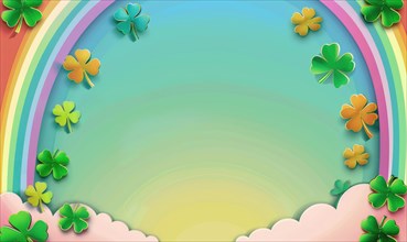 Colorful St. Patrick's Day theme with rainbow and clover decorations on pastel background AI
