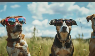 Two dogs with sunglasses in a field under a blue sky looking away intently AI generated