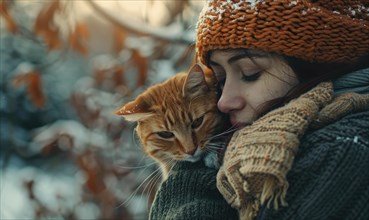 A woman holds a ginger cat close in a winter setting with a snowy backdrop AI generated