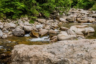 Water flows over boulders in a rocky riverbed surrounded by greenery, in South Korea