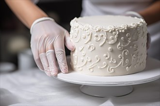 Hands of female chef in white gloves decorating wedding cream cake at confectionery pastry shop. KI