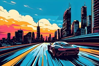 Sport cars on race track in the city with skyscrapers, neon color line art, AI generated