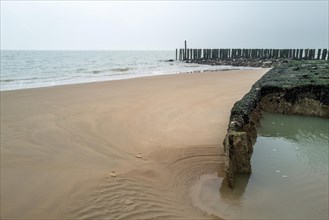 Breakwater on the beach with traces of erosion and a puddle of water next to it, Westkapelle,