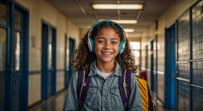 A cheerful schoolgirl listening to music on headphones in a hallway at school, wide horizontal