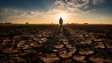 Dry cracked soil consuming a failing agricultural crop field forlorn farmer standing at the edge,