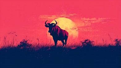 Silhouette of a wildebeest against a red sunset sky with splatter texture, ai generated, AI