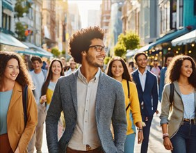 Group of cheerful, diverse people walking through a busy street scene, AI generated, AI generated