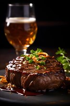 Juicy beef steak with golden brown fried onions on a glistening dark beer sauce, AI produced, AI