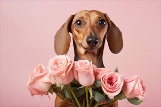 Brown Dachshund dog with romantic bouquet of pink rose flowers in front of studio background. KI