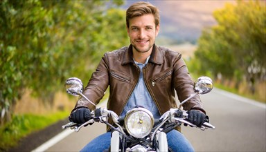 AI generated, EA young man rides his motorbike through an autumn landscape