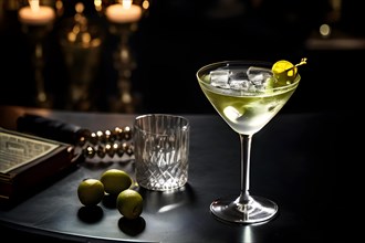 A gin martini olive resting within on an elegant bar, AI generated