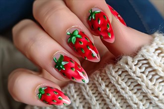 Woman's fingernails with cute red strawberry summer nail art design. KI generiert, generiert AI