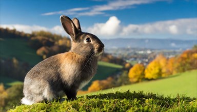 KI generated, A colourful dwarf rabbit in a meadow in autumn, side view, (Brachylagus idahoensis)