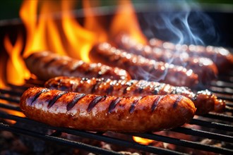 Close up of sausages on barbeque. KI generiert, generiert AI generated