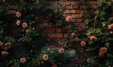 Shadows play across a wall with deep green leaves and dark pink roses AI generated