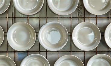 Overhead view of white ceramic dishes neatly arranged on a grey grid AI generated
