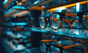 A close-up of eyeglasses with clear lenses displayed on a shelf with orange lighting AI generated
