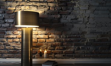 A modern lamp casts a warm glow in a cozy interior with a brick wall background and books AI