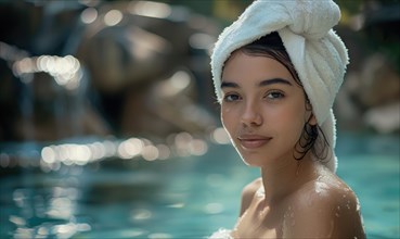 A relaxed woman with a towel on her head by the pool AI generated