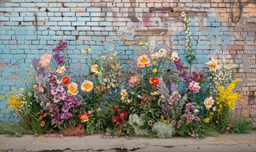 A colorful urban flower bed bursting with diverse flora against a wall AI generated