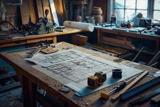 A detailed workbench with tools and blueprints indicating an ongoing project, AI generated