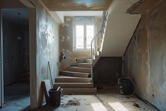Interior of a house under renovation with sunlight casting shadows, AI generated