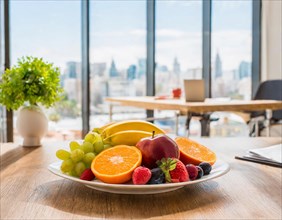 A colourful fruit plate on a wooden table with a city view through large windows, AI generated, AI