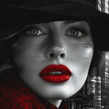 Stylish woman in black and white with red lips and scarf, urban texture in background, AI