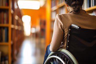 Back view of woman in wheelchair in university or college library. KI generiert, generiert AI