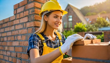 AI generated, A female bricklayer inspects a brick wall, 30, 35, years