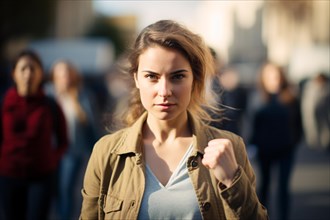 Feminist young woman with raised fist in street with blurry women in background. KI generiert,