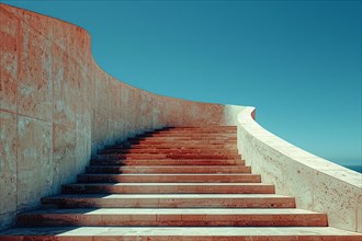 Curved concrete wall and stairway under a clear sky with warm color tones, AI generated
