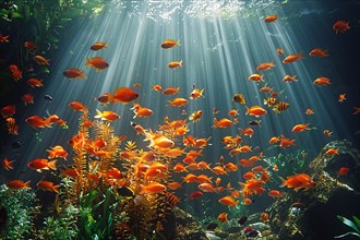 Sunrays filter through water onto a tranquil scene with orange fish and aquatic plants, AI