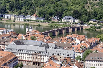 Historic stone bridge over a river (Neckar), with neighbouring riverside houses, Heidelberg,
