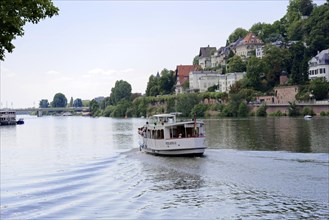 Boat on a river (Neckar), with green bank and cloudy sky, Heidelberg, Baden-Wuerttemberg, Germany,