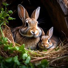 European rabbit and its offspring snuggling, AI generated
