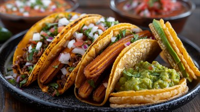 Crispy tacos with plantains and a side of guacamole and salsa on a dark plate, ai generated, AI