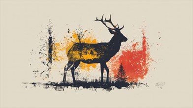 Deer silhouette against a washed-out backdrop with yellow and red splatters, ai generated, AI