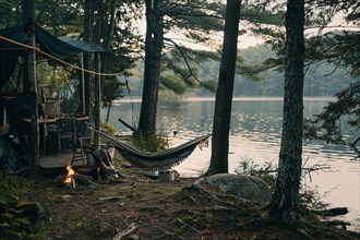 A serene lakeside camping retreat nestled in a tranquil forest, AI generated