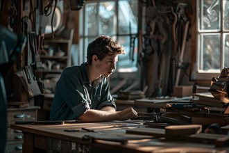Focused young man working in a sunlit woodworking workshop, AI generated