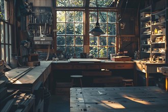 Vintage woodworking space with an assortment of tools and clutter, illuminated by natural light