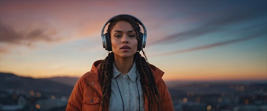 Reflective Mixed-race brunette woman in an orange jacket with headphones at twilight with city
