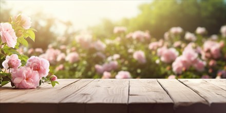 Banner with wooden empty table with pink flowers and blurry garden background. KI generiert,